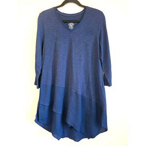 Chicos Travelers Embellished Asymmetrical Hem Top Tunic Sz 1 Navy Blue Slinky